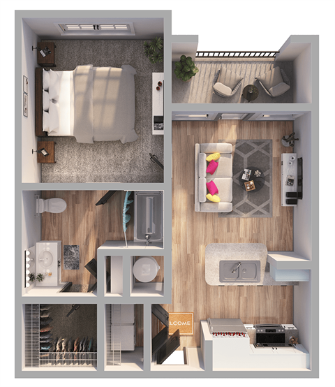 Floor plan for 1 bed, 1 bath, 684 sqft